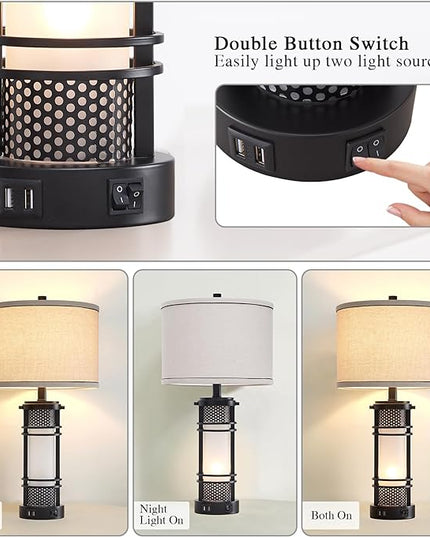 Set of 2 Modern Table Lamps for Living Room, Contemporary Nightstand Lamp with Dual USB Port, Bedside Lamps with White Frosted Glass Night Light for Bedroom, 4 Bulbs Included (Black) - LeafyLoom