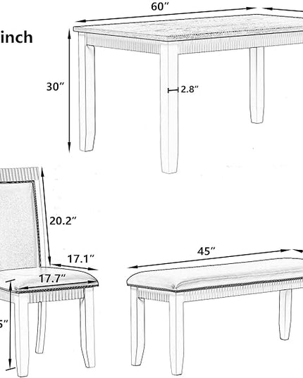 6-Piece Wood Dining Table Set with 4 Upholstered Chairs and Bench, for Kitchen Living Room, Farmhouse Rustic Style, 60" L x 36" W x 30" H, White+Gray(PU Leather) - LeafyLoom
