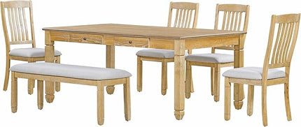 6-Piece Modern Dining Set, Include 72'L Solid Wood Table with 4 Drawers, Upholstered Chairs & Bench, for Kitchen, Living Room, Stable Frame and a Long Lifespan, Natural+Light Gray - LeafyLoom
