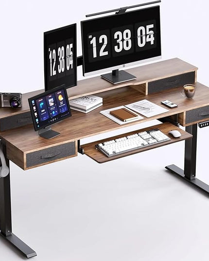 Electric Standing Desk, Multifunctional Standing Desk Adjustable Height, 55 * 24 Standing Desk with 4 Drawers, Ergonomic Adjustable Standing Desk with Keyboard Tray, Rustic Brown - LeafyLoom
