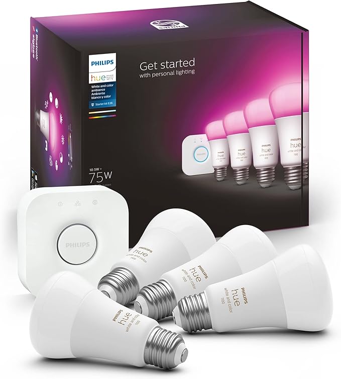 Philips Hue Smart Light Starter Kit - Includes (1) Bridge and (4) 75W A19 E26 LED Smart White and Color Ambiance Bulbs - Control with App - Compatible with Alexa, Google Assistant, and Apple HomeKit PhilipsHue