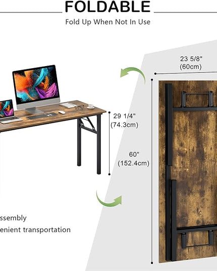 Need Home Office Desk Large Computer Desk 60 inch Sturdy Table Foldable Desk Gaming Computer Table No Assembly Required, Rustic Brown&Black Frame AC5FB(152.4 * 60) - LeafyLoom