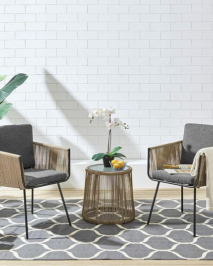 Barton 3 Pieces Wicker Chair Set w/Glass Table Gray Outdoor Patio Furniture Wicker Rattan Modern Conversation Chat Seating - LeafyLoom