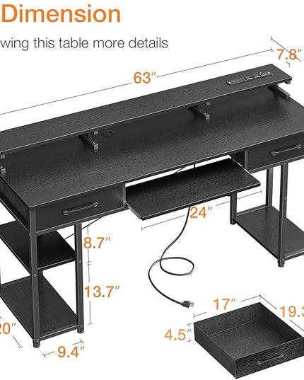 ODK Computer Desk with Drawers & Power Outlet, 63 Inch Office Desk with Keyboard Tray & Storage Shelves & PC Stand, Large Office Table Work Desk with Monitor Stand, Black - LeafyLoom