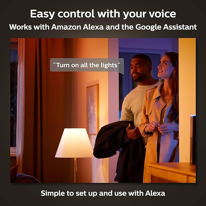 Philips Hue Smart Light Starter Kit - Includes (1) Bridge and (4) 75W A19 E26 LED Smart White and Color Ambiance Bulbs - Control with App - Compatible with Alexa, Google Assistant, and Apple HomeKit PhilipsHue