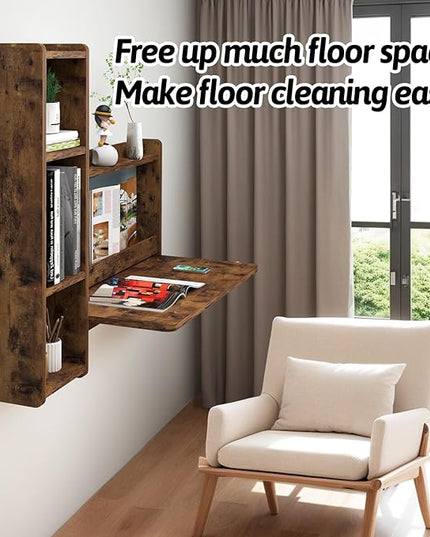Pmnianhua Farmhouse Floating Desk,41''Wall Mounted Desk,L Shaped Folding Table,Fold Down Laptop Computer Desk with Storage for Wall Bedroom Small Space (Rustic Brown-Left) - LeafyLoom