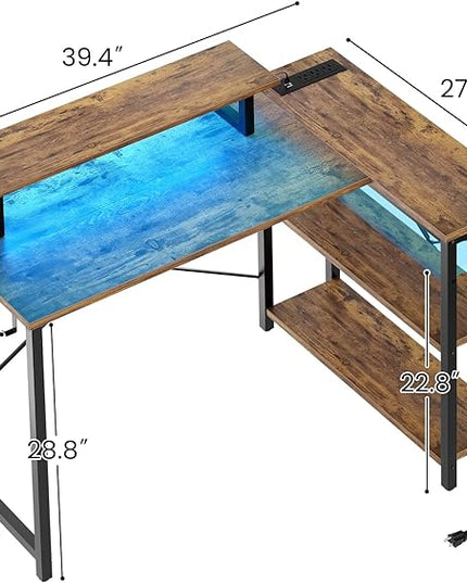 Homieasy Small Gaming Desk with Power Outlet & LED Light, 39 Inch L Shaped Computer Desk with Storage Shelves, Reversible Corner Desk with Monitor Stand Headset Hooks for Home Office, Rustic Brown - LeafyLoom