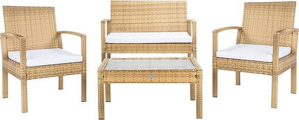 SAFAVIEH Outdoor Collection Bassey Natural/White Cushion 4-Piece Conversation Patio Set PAT7507D - LeafyLoom