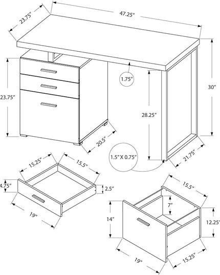 Monarch Specialties Left or Right Facing 47-Inch Modern Home Office Computer Study Writing Desk with Filing Drawer, 48"L, Grey & Silver - LeafyLoom