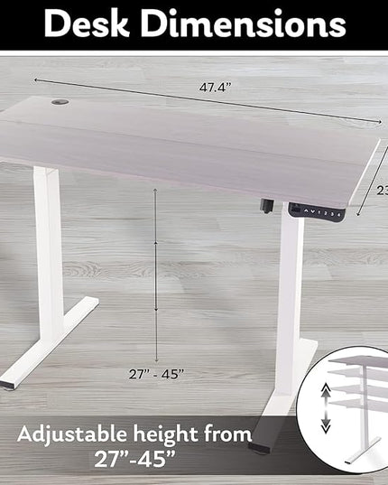 Electric Standing Desk - Adjustable Height Desk with Laptop Stand, Sit Stand Desk, Riser Table (48 inch x 24 inch), Smoothly and Quietly Adjust from 27 to 45 inches, White Frame, Gray Desktop - LeafyLoom