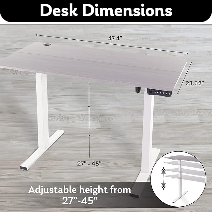 Electric Standing Desk - Adjustable Height Desk with Laptop Stand, Sit Stand Desk, Riser Table (48 inch x 24 inch), Smoothly and Quietly Adjust from 27 to 45 inches, White Frame, Gray Desktop - LeafyLoom