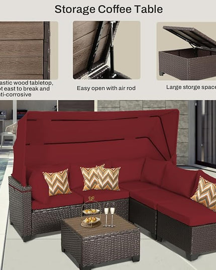 6 PCS Outdoor Patio Furniture Set,Sectional Sofa Set,Rattan Daybed with Retractable Canopy,Adjustable Backrest,Storage Coffee Table,Chaise Chair Sunbed for Porch Garden Poolside Backyard(Red) - LeafyLoom