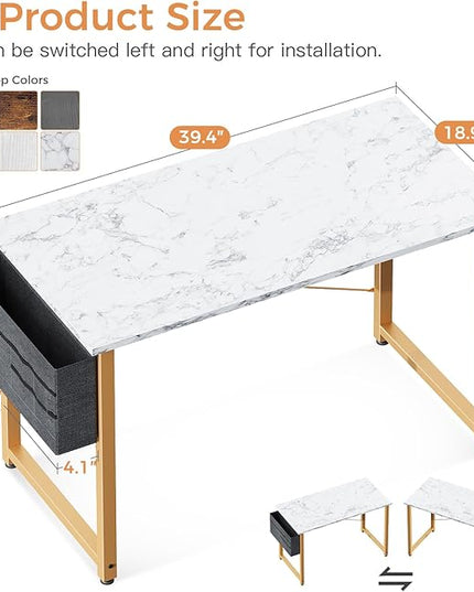 ODK Computer Desk, 40 Inch Small Study Desk, Office Desk with Storage, Work Table with Headphone Hook for Small Space Home Office, White Marble + Gold Leg - LeafyLoom