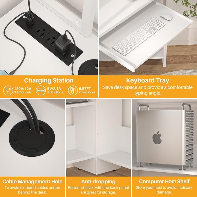 Cyclysio Small Corner Desk with Hutch, Heavy Duty Corner Computer Desk with Power Outlets & LED Light, Triangle Corner Gaming Desk with Keyboard Tray for Home Office, Small Space, Workstation White - LeafyLoom