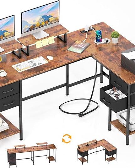 L Shaped Computer Desk with Power Outlets, 59 inch Reversible Home Office Desk with Storage Shelves & 2 Monitor Stands, Gaming Desk with 4 Fabric Drawers for Bedroom, Rustic Brown - LeafyLoom