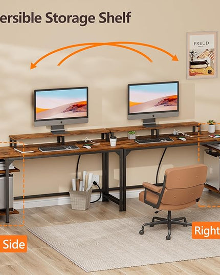 Furologee Computer Desk with Charging Station and LED Lights, 55" Office Gaming Desk with Adjustable Shelves and Fabric Drawer, Study Table with Monitor Stand and Hooks, Rustic Brown - LeafyLoom