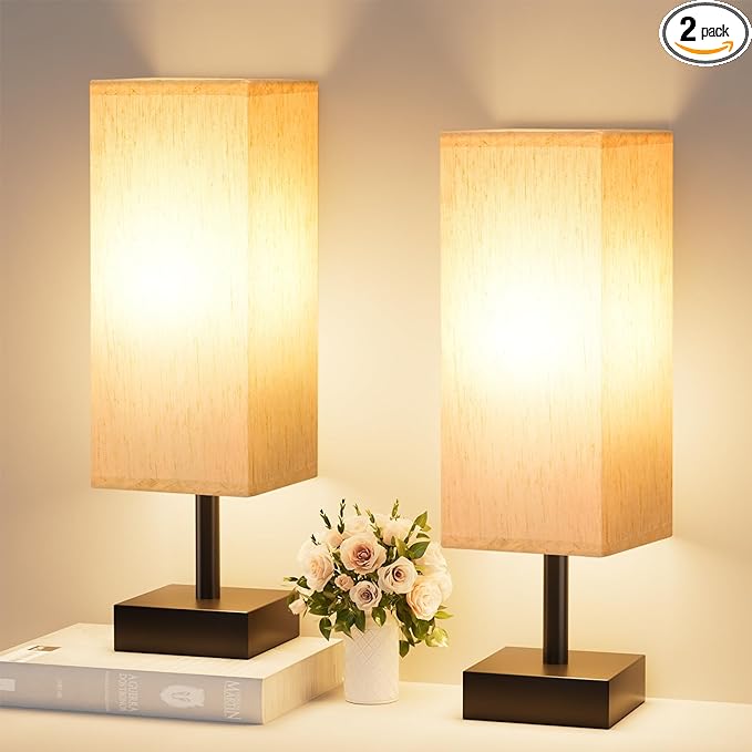 Small Table Lamps Set of 2 - Beige, Minimalist Lamps Set, Square Fabric Shade, for Kids Room Office Dorm, Push Button, Bulb NOT Included - LeafyLoom