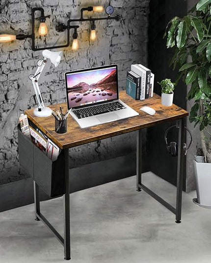 Lufeiya Small Computer Desk Study Table for Small Spaces Home Office 31 Inch Rustic Student Laptop PC Writing Desks with Storage Bag Headphone Hook,Brown - LeafyLoom