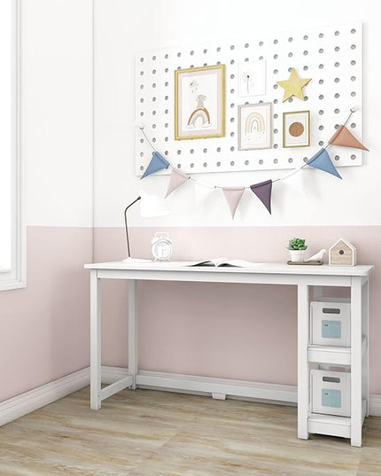 Max & Lily Solid Wood Desk With Shelves, 55 Inches, White - LeafyLoom
