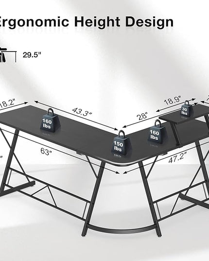 Mr IRONSTONE 63" L Shaped Computer Desk, Corner Desk, Home Office Desk, Gaming Writing Workstation with Large Monitor Stand, Easy to Assemble, Black Willow - LeafyLoom