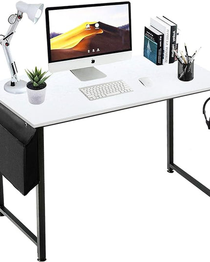 Lufeiya Computer Desk White Writing Table for Small Spaces Home Office 39 Inch Modern Study PC Des,with Storage Bag Hook (White Black) - LeafyLoom