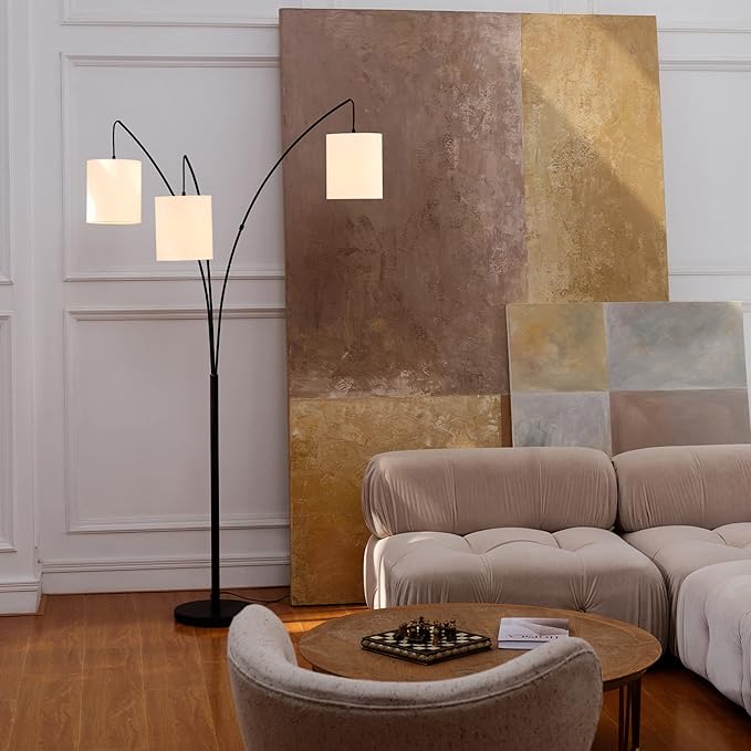 Globe Electric 65913 79" 3-Light Floor Lamp, Matte Black, White Linen Shade, in-Line On/Off Foot Switch - LeafyLoom
