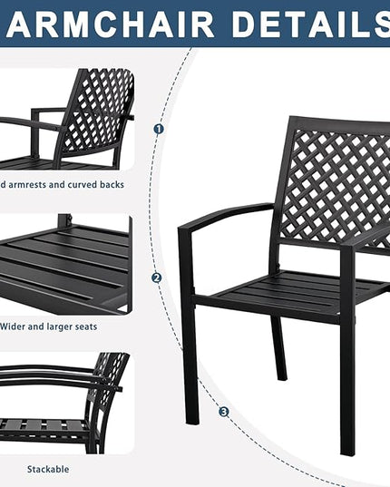 3 Piece Iron Bistro Set Stackable Outdoor Patio Furniture Set with 2 Large Comfortable Porch Chairs and Metal Coffee Table, Black - LeafyLoom