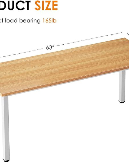 Need 63 Inch Large Computer Desk - Modern Simple Style Home Office Gaming Desk, Basic Writing Table for Study Student, White Metal Frame, Teak - LeafyLoom