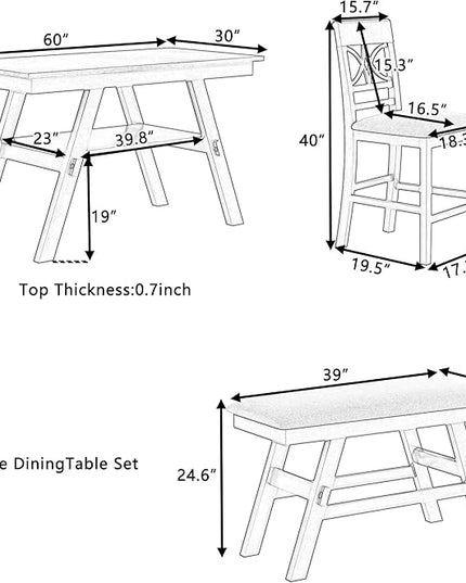 6-Piece Wood Counter Height Dining Table Set with Storage Shelf, Bench and 4 Chairs, for Kitchen, Living Room, Rustic Style, Espresso, 60" L x 30" W x 36" H - LeafyLoom