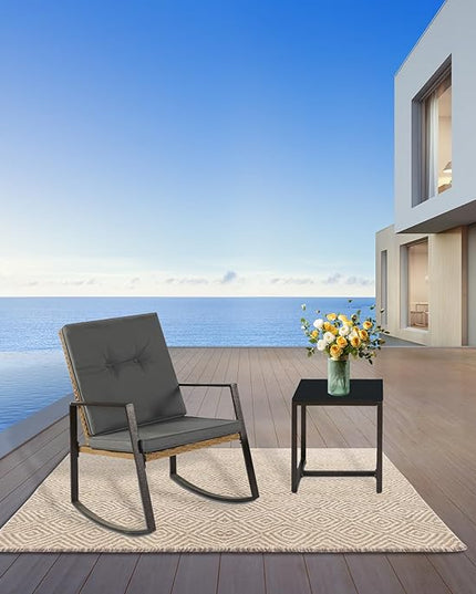3 Pieces Rocking Chairs Set Balcony Furniture Conversation Sets with Outdoor Table and Chairs,Washable Cushion for Porch,balcony,Garden,Backyard,Poolside Grey - LeafyLoom