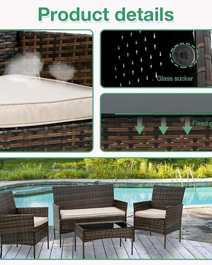 Outdoor Patio Furniture Sets 4 Pieces Patio Set Rattan Chair Wicker Sofa Conversation Set Patio Chair for Backyard Lawn Porch Poolside Balcony Garden Furniture Sets with Coffee Table (Brown) - LeafyLoom