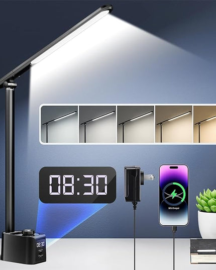 Desk Lamp for College Dorm Room,55 Lighting Modes Dorm Lamp for Dorm Desk Lamp,700 Lumen LED Desk Lamp with USB Charging Port,Desk Light with Clock+Pen Holder,Desk Lamps for Home Office Lamp for Desk - LeafyLoom