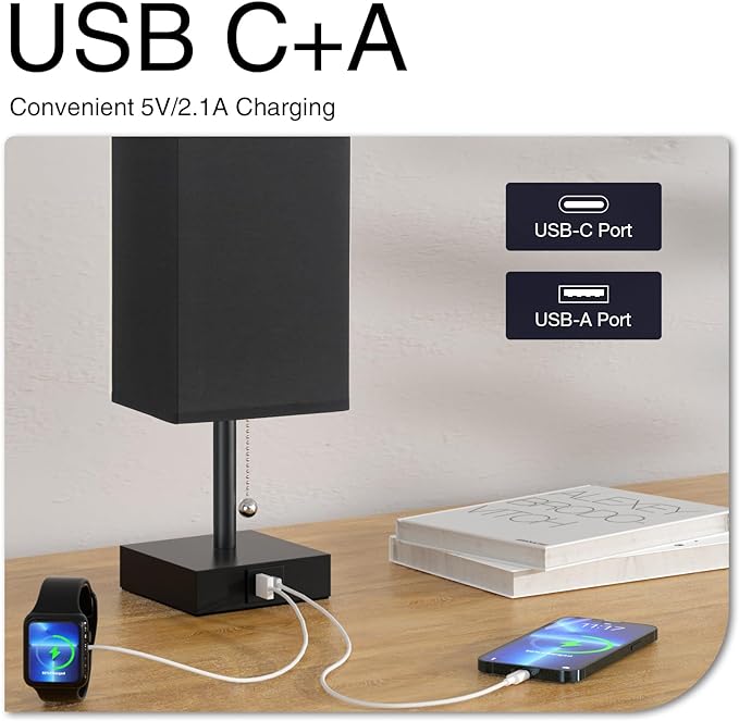 aooshine Table Lamps Set of 2 - Black, USB A and USB C Charging, Pull Chain Control, Bulb NOT Included, Small - LeafyLoom