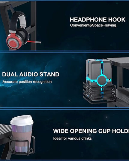 Gaming Desk, Computer Desk with Large Monitor Stand and Open Shelf,Gamer Table Workstation with Cup Holder, Headphone Hook, 2 Speaker Stand for Home Office (Black Carbon Fiber) - LeafyLoom