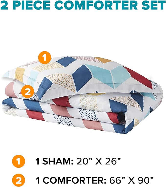 Comfort Spaces Kylar Cozy Comforter Set, Vibrant Chevron Ruching Design with Solid Reverse, All Season Down Alternative Bedding with Matching Sham, Twin/Twin XL (66 in x 90 in), Multi/Aqua 2 Piece - LeafyLoom