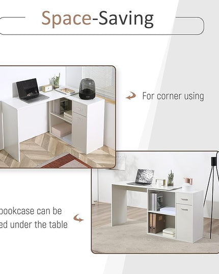 HOMCOM L Shaped Computer Desk, 180° Rotating Corner Desk with Storage Shelves, Drawer and Cabinet, Study Workstation for Home Office, White - LeafyLoom