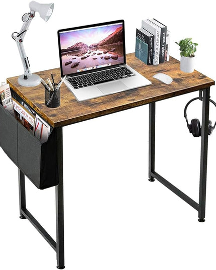 Lufeiya Small Computer Desk Study Table for Small Spaces Home Office 31 Inch Rustic Student Laptop PC Writing Desks with Storage Bag Headphone Hook,Brown - LeafyLoom