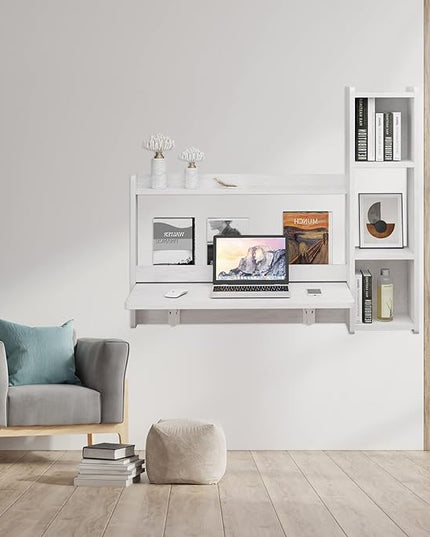 Pmnianhua Floating Desk,41'' Wall Mounted Desk Fold Down Laptop Desk Folding Space Saving Table Workstation with Storage Shelves for Bedroom Study Room Small Space (Off White-Right) - LeafyLoom