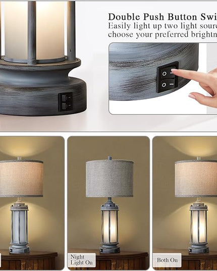 Set of 2 Rustic Table Lamps for Living Room, Farmhouse Vintage Nightstand Lamp with 2 USB Ports, Antique Retro Light Green Glass Night Light for Bedroom Entryway, 4 Bulbs Included… - LeafyLoom