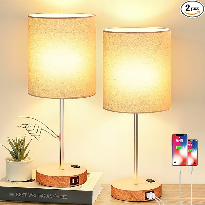 𝟮𝟬𝟮𝟯 𝗡𝗘𝗪 Touch Wood Table Lamps Set of 2, Bedroom Lamps with 2 USB & AC Outlet, 3-Way Dimmable Bedside Nightstand Lamps for Bedroom Living Room Nursery, 800 Lumens 2700K Bulbs Included - LeafyLoom