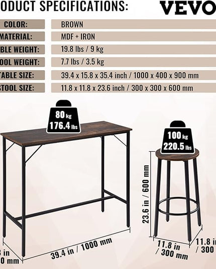 VEVOR Bar Table and Chairs Set 39" Pub Table Set with 2 Bar Stools Kitchen Dining Table and Chairs Set for 2 Iron Frame Counter Height Dining Sets for Home, Kitchen, Living Room - LeafyLoom