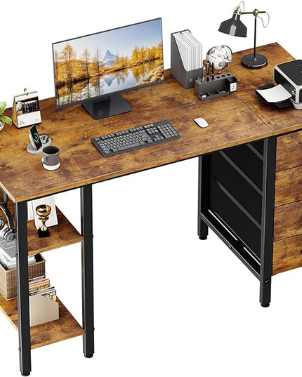 Lufeiya 47 inch Computer Desk with 4 Drawers & Storage Shelves, Writing Work Study Desk for Home Office Bedroom, Modern Simple Student PC Desks Table, Rustic Brown - LeafyLoom