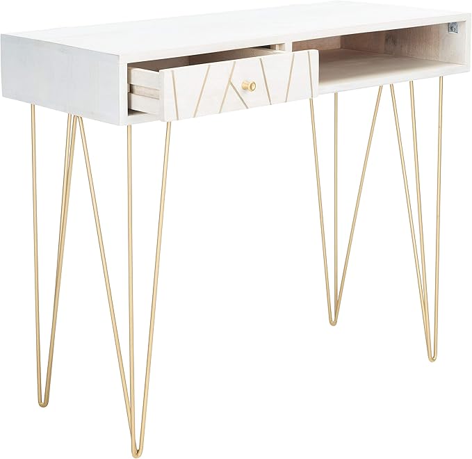 Safavieh Home Office Collection Marigold White Wash and Brass 1-Drawer Hairpin Leg Desk, 0 - LeafyLoom