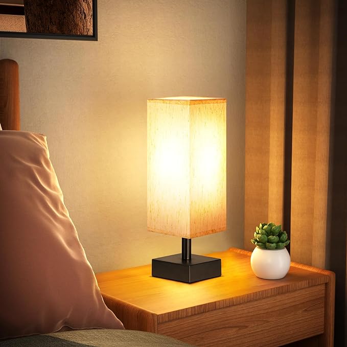 Small Table Lamps Set of 2 - Beige, Minimalist Lamps Set, Square Fabric Shade, for Kids Room Office Dorm, Push Button, Bulb NOT Included - LeafyLoom