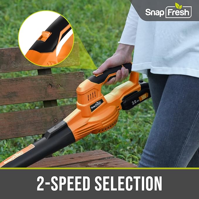 SnapFresh Cordless Leaf Blower - 20V Electric Leaf Blower with 2.0 Ah Battery and Charger - Lightweight 2-Speed Leaf Blower for Lawn Care and Yard/Garden/Patio Cleaning (Orange) - LeafyLoom