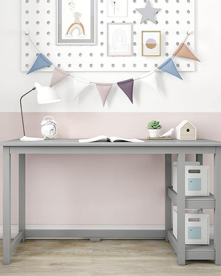 Max & Lily Solid Wood Desk With Shelves, 55 Inches, Grey - LeafyLoom