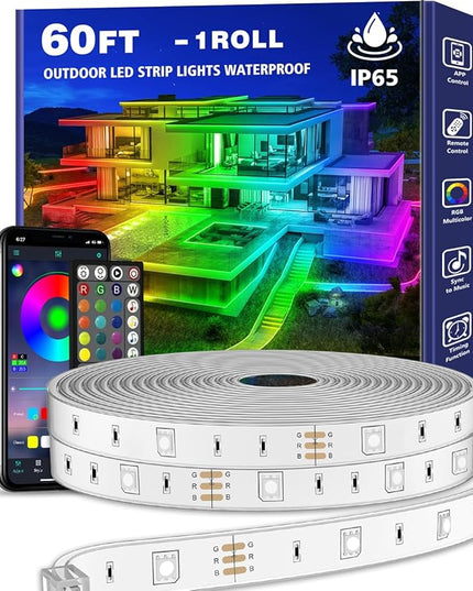 60ft Outdoor LED Strip Lights Waterproof 1 Roll,IP68 Outside Led Light Strips Waterproof with App and Remote,Music Sync RGB Exterior Led Rope Lights with Self Adhesive Back for Deck,Balcony,Pool… LETIANPAI
