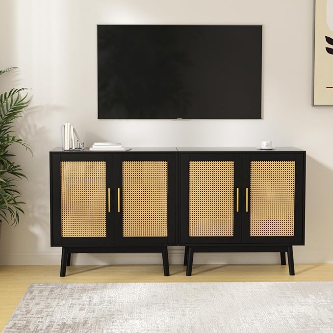 Set of 2 Accent Storage Cabinet with Rattan Decor Doors, Buffet Cabinet with Storage, Sideboard Cabinet for Hallway, Entry, Living Room, Black - LeafyLoom
