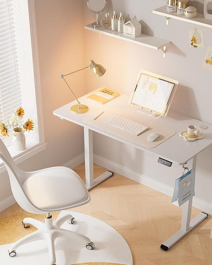 MOUNTUP Height Adjustable Electric Standing Desk Whole-Piece, 48 x 24 Inches Quick Assembly Sit Stand Desk, Stand Up Desk with Memory Controller, Ergonomic Desk, White - LeafyLoom