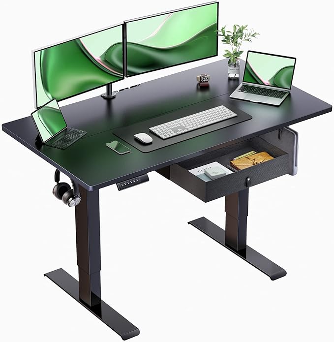 Marsail Electric Adjustable Standing Desk, 48x24 Inch, Sit-Stand Home Office Desk with Drawer, Black - LeafyLoom